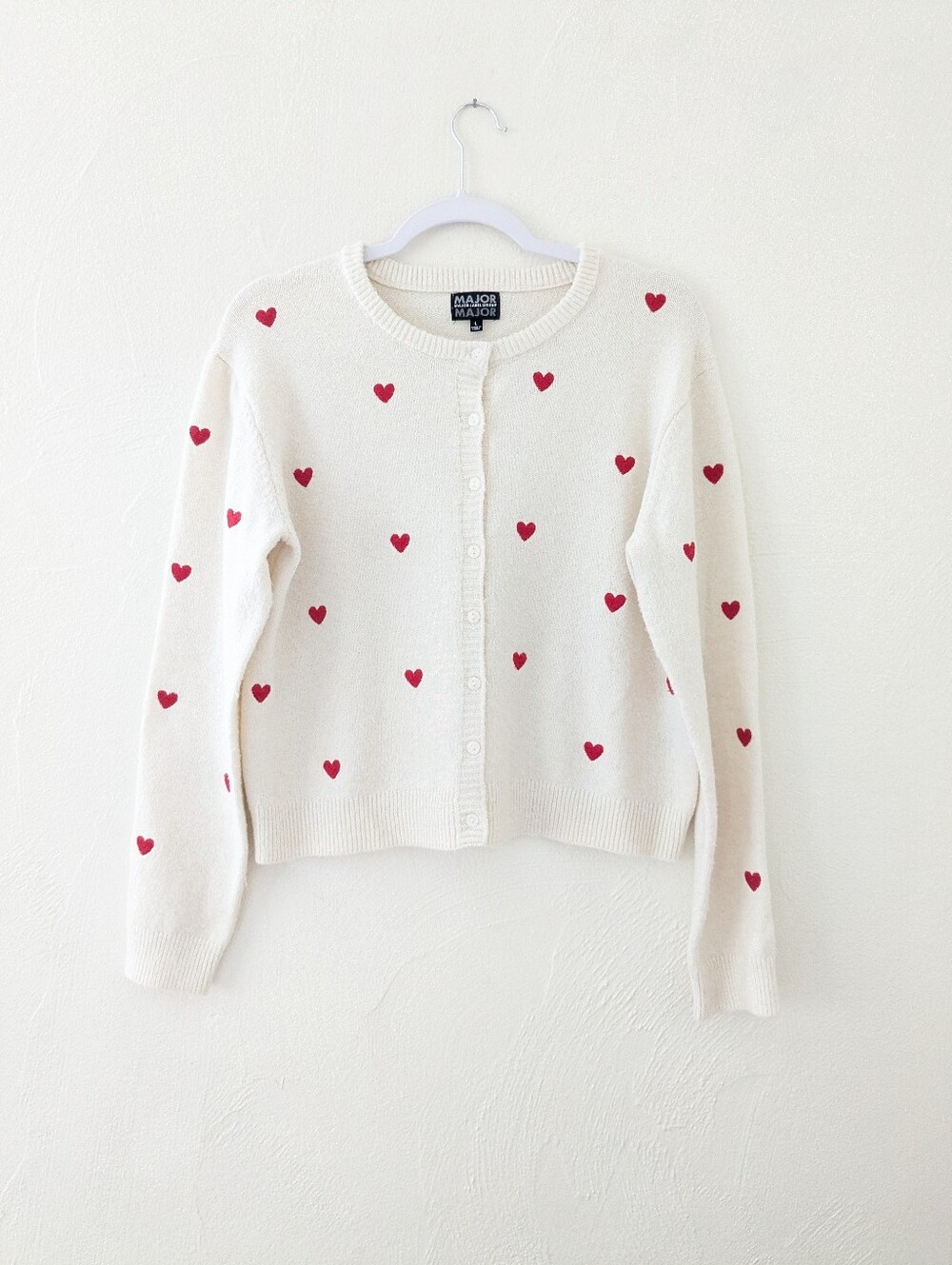 Major Label Group Ivory & Red Two Heart Cardigan Sweater Size L